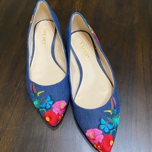 Nine West Denim Embroidered Floral Flats